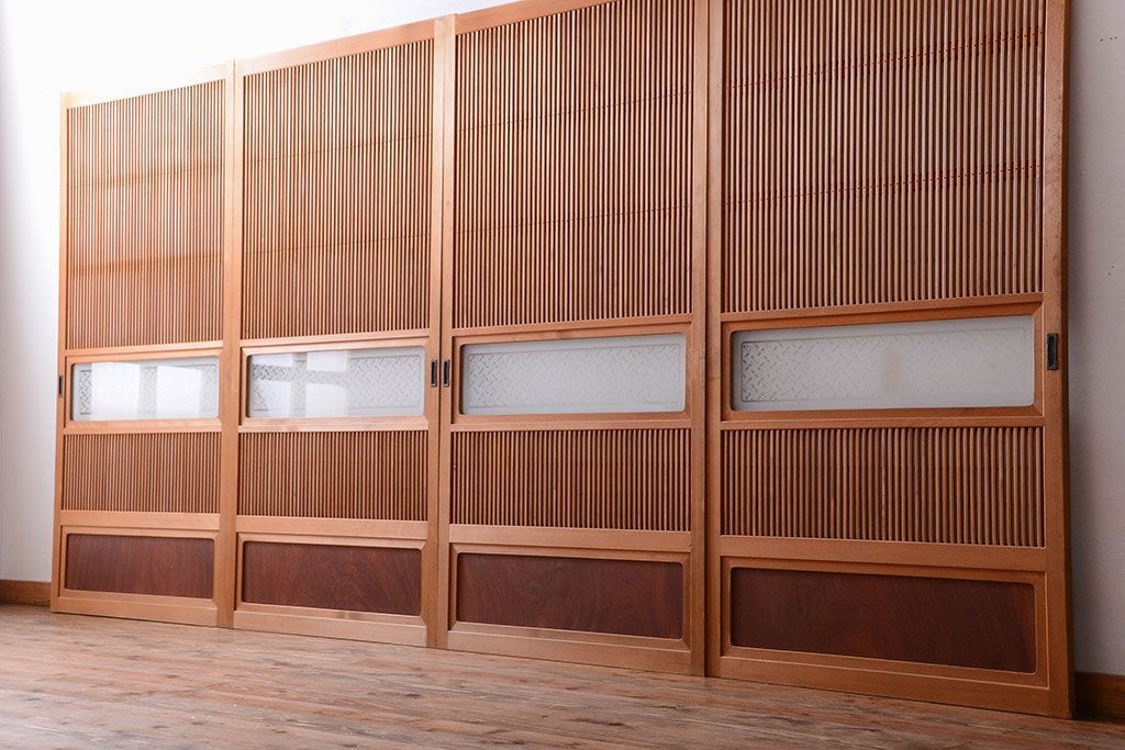 古民具・骨董　ガラス入り!障子付き木味格子戸4枚セット