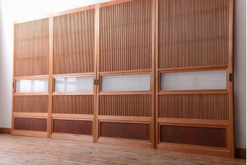 古民具・骨董　ガラス入り!障子付き木味格子戸4枚セット