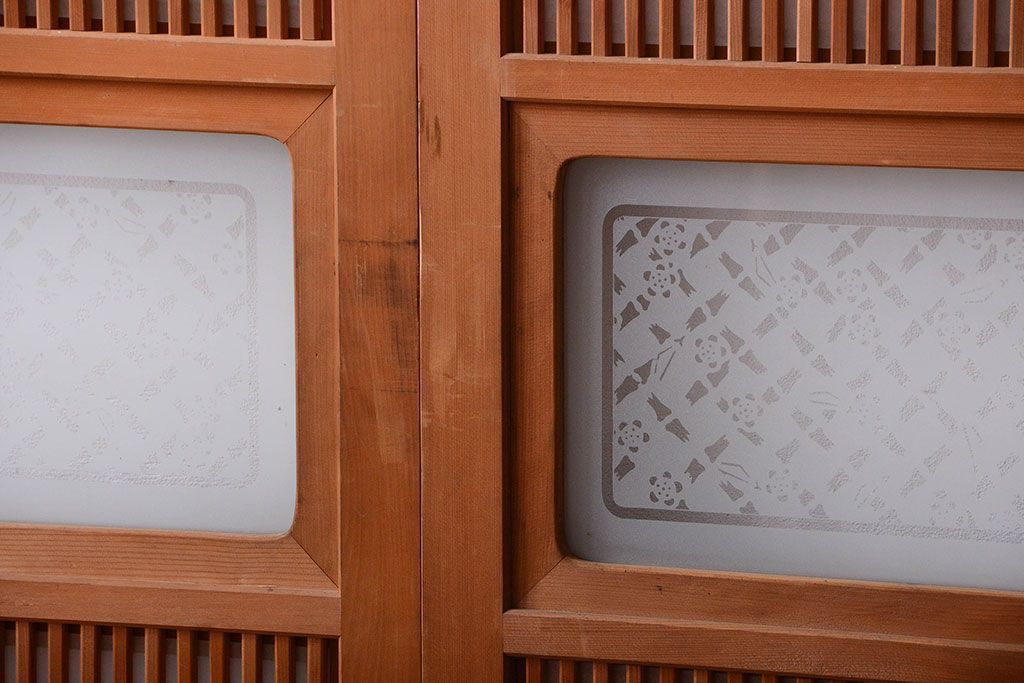 古民具・骨董　ガラス入り!障子付き木味格子戸4枚セット