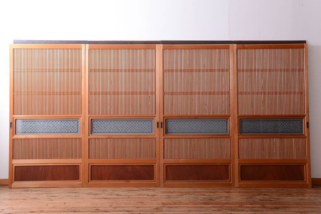 古民具・骨董　ガラス入り!障子付き木味格子戸4枚セット