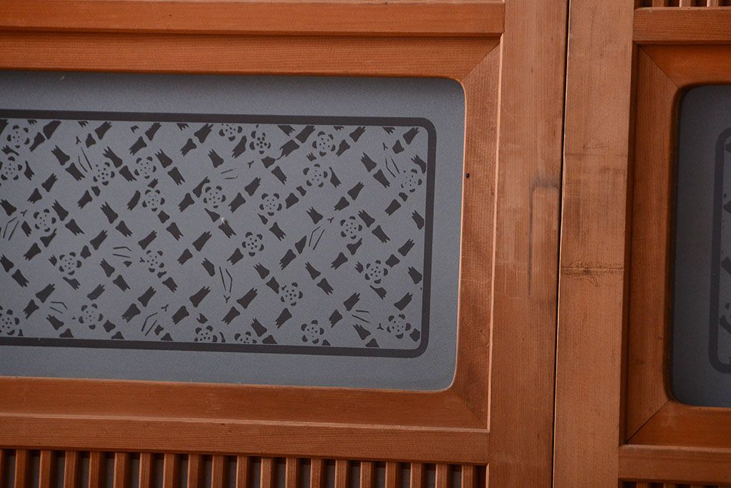 古民具・骨董　ガラス入り!障子付き木味格子戸4枚セット