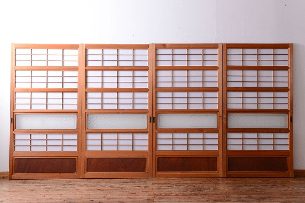 古民具・骨董　ガラス入り!障子付き木味格子戸4枚セット
