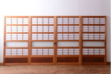 古民具・骨董　ガラス入り!障子付き木味格子戸4枚セット