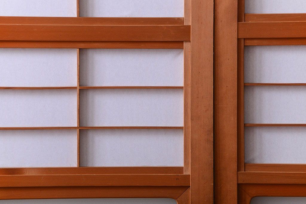 古民具・骨董　ガラス入り!障子付き木味格子戸4枚セット