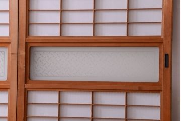 古民具・骨董　ガラス入り!障子付き木味格子戸4枚セット