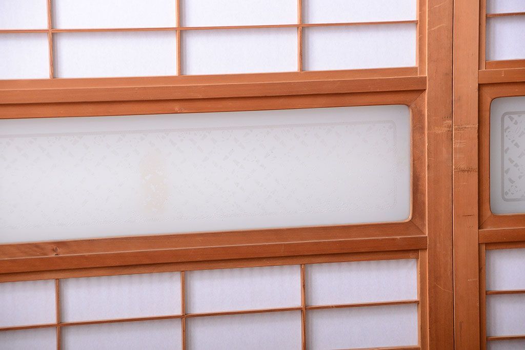 古民具・骨董　ガラス入り!障子付き木味格子戸4枚セット