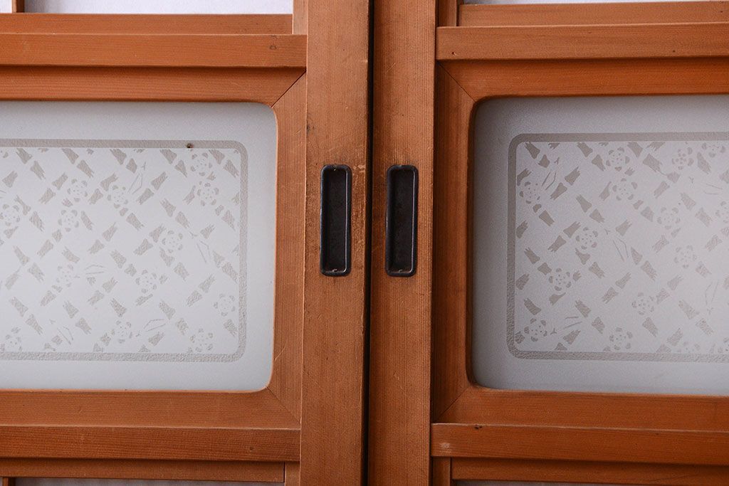 古民具・骨董　ガラス入り!障子付き木味格子戸4枚セット