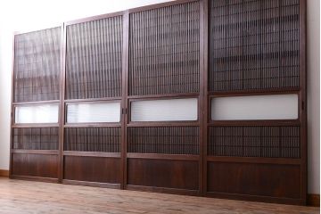 古民具・骨董　裏障子付き!銀モールガラス入り格子戸4枚セット