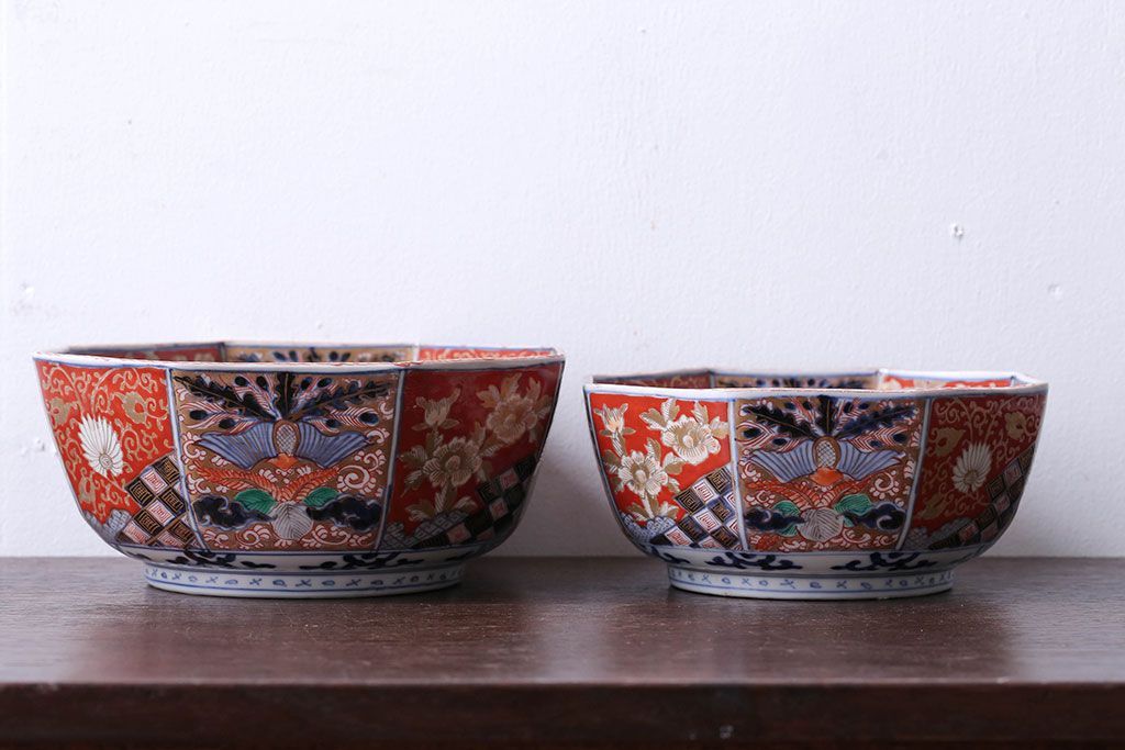 アンティーク雑貨　幕末〜明治　伊万里錦手大鉢2点(二重高台)