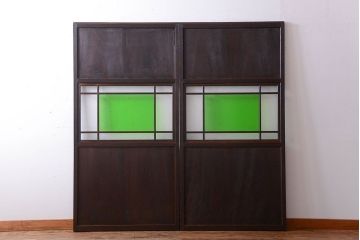 アンティーク　色ガラス入り!モダンなガラス帯戸2枚セット(2)