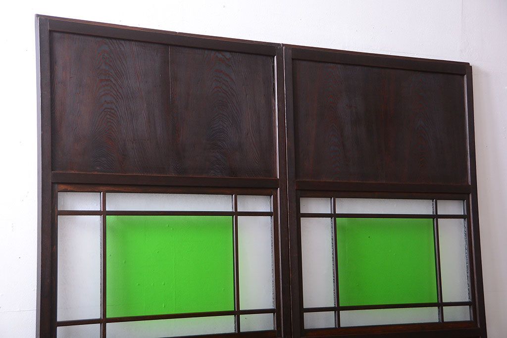 アンティーク　色ガラス入り!モダンなガラス帯戸2枚セット(2)