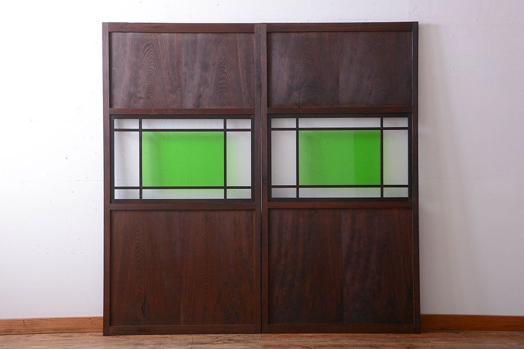 アンティーク　色ガラス入り!モダンなガラス帯戸2枚セット(2)