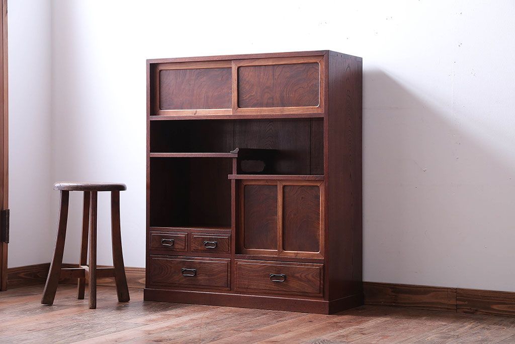 アンティーク家具　古民具・骨董　前面桑材!銅の金具の高級茶箪笥