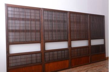 古民具・骨董　裏障子付き!腰板欅材のダイヤガラス入り格子戸4枚セット