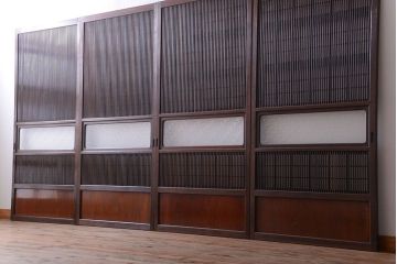 古民具・骨董　裏障子付き!腰板欅材のダイヤガラス入り格子戸4枚セット