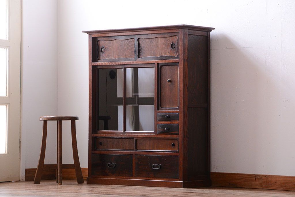 アンティーク家具　古民具・骨董　黒柿材と欅材!アンティーク茶箪笥