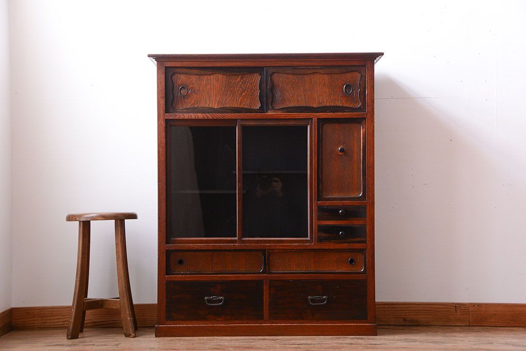 アンティーク家具　古民具・骨董　黒柿材と欅材!アンティーク茶箪笥