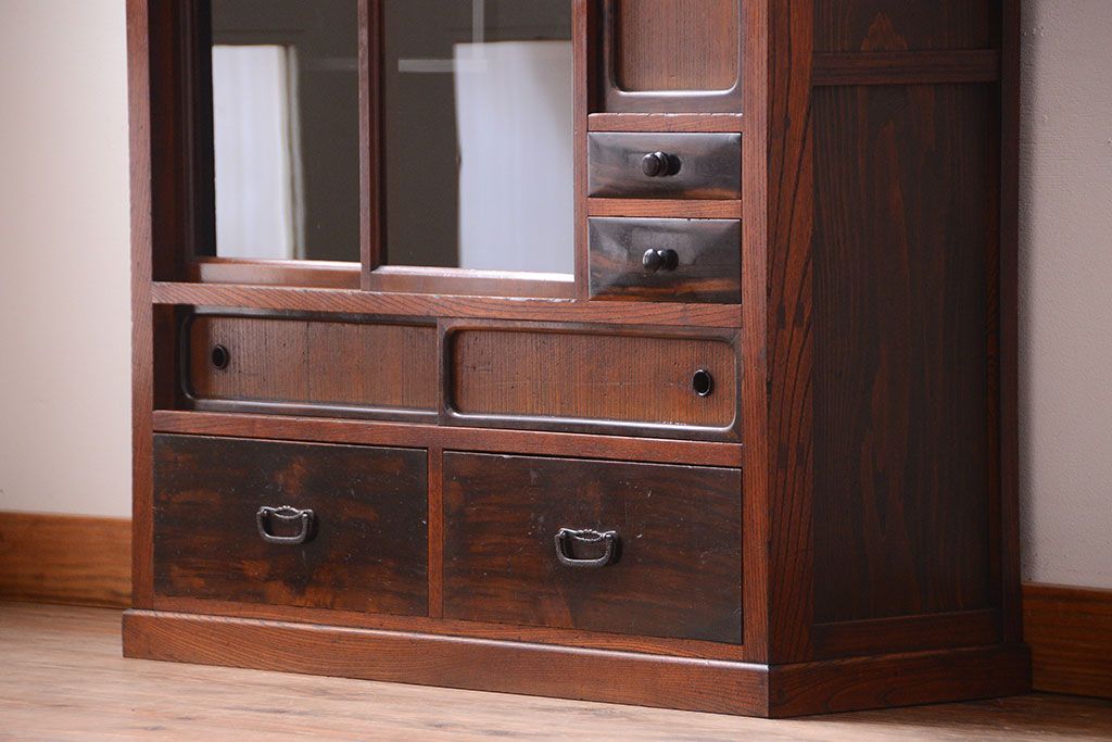 アンティーク家具　古民具・骨董　黒柿材と欅材!アンティーク茶箪笥