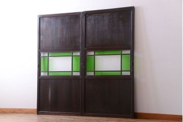 和製アンティーク　モダンな色ガラス入り帯戸2枚セット(1)(ガラス帯戸)
