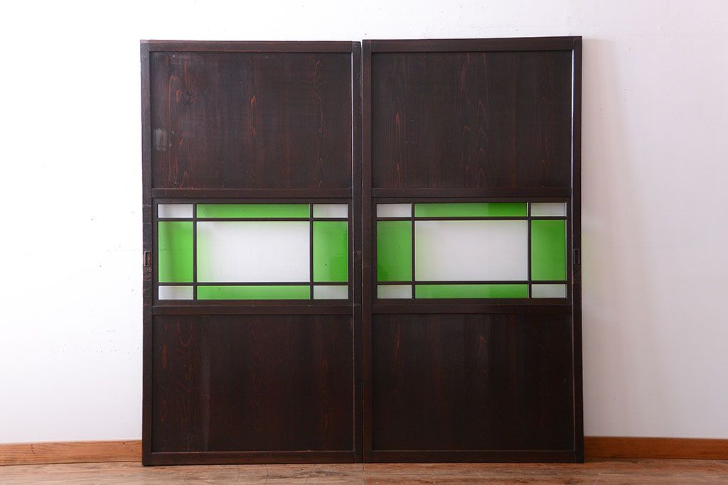 和製アンティーク　モダンな色ガラス入り帯戸2枚セット(1)(ガラス帯戸)