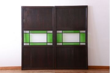 和製アンティーク　モダンな色ガラス入り帯戸2枚セット(1)(ガラス帯戸)