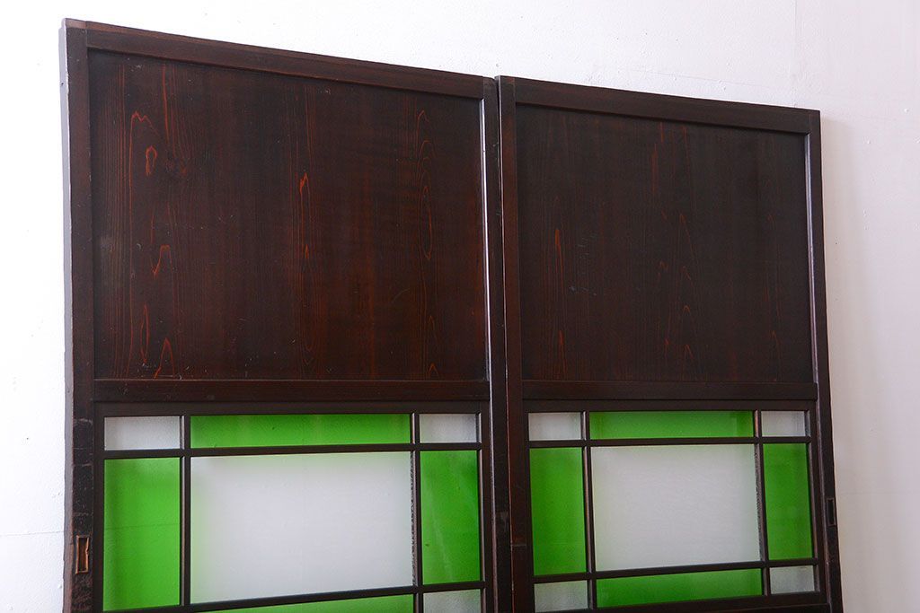 和製アンティーク　モダンな色ガラス入り帯戸2枚セット(1)(ガラス帯戸)