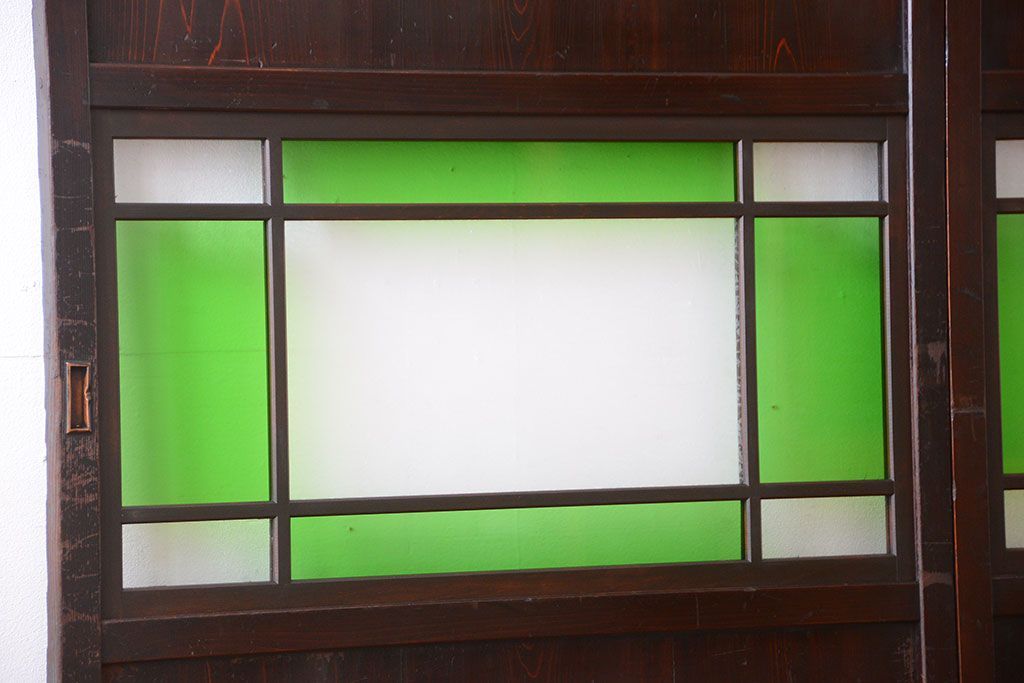 和製アンティーク　モダンな色ガラス入り帯戸2枚セット(1)(ガラス帯戸)