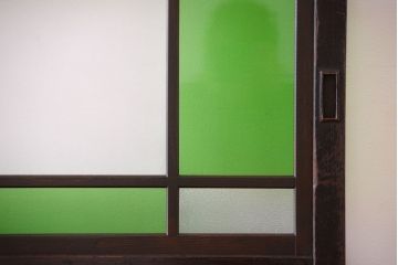 和製アンティーク　モダンな色ガラス入り帯戸2枚セット(1)(ガラス帯戸)