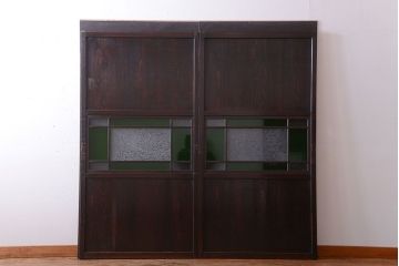 和製アンティーク　モダンな色ガラス入り帯戸2枚セット(1)(ガラス帯戸)