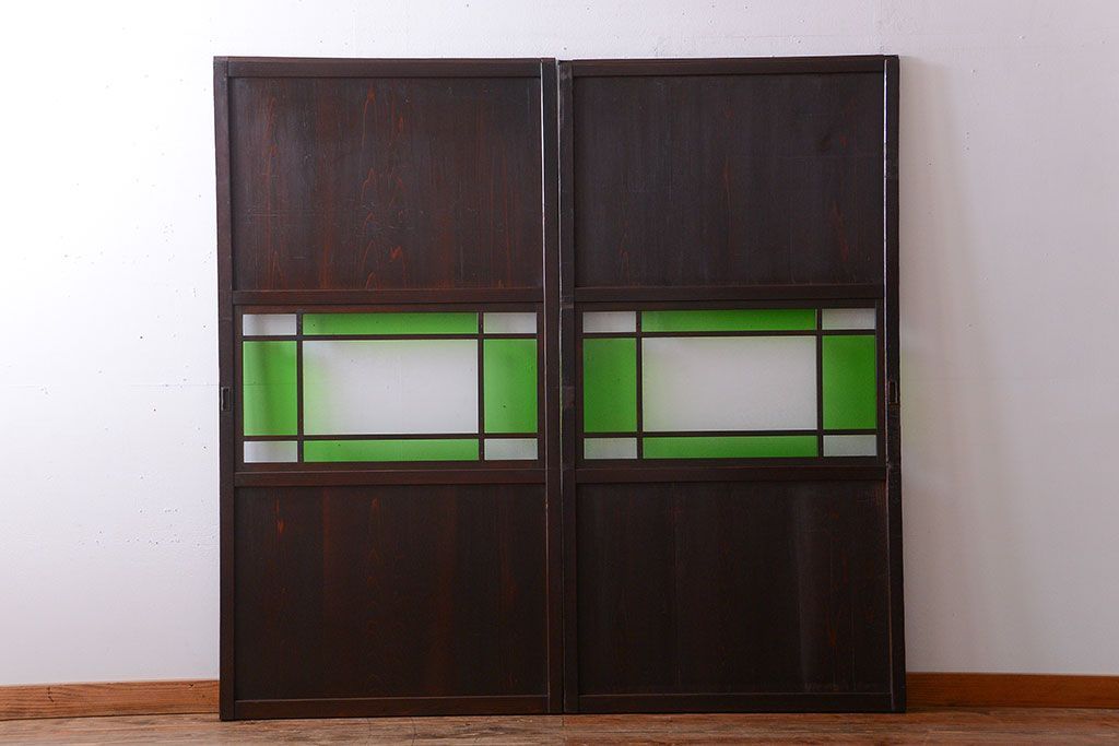 和製アンティーク　モダンな色ガラス入り帯戸2枚セット(1)(ガラス帯戸)