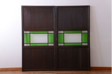 和製アンティーク　モダンな色ガラス入り帯戸2枚セット(1)(ガラス帯戸)