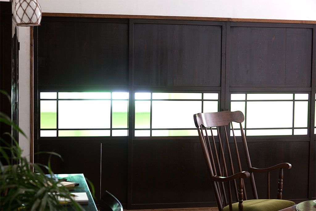 和製アンティーク　モダンな色ガラス入り帯戸2枚セット(2)(ガラス帯戸)