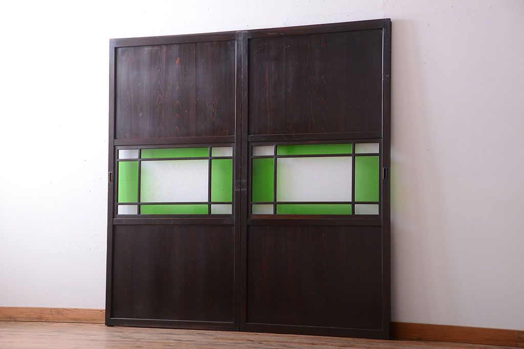 和製アンティーク　モダンな色ガラス入り帯戸2枚セット(2)(ガラス帯戸)