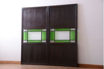 和製アンティーク　モダンな色ガラス入り帯戸2枚セット(2)(ガラス帯戸)