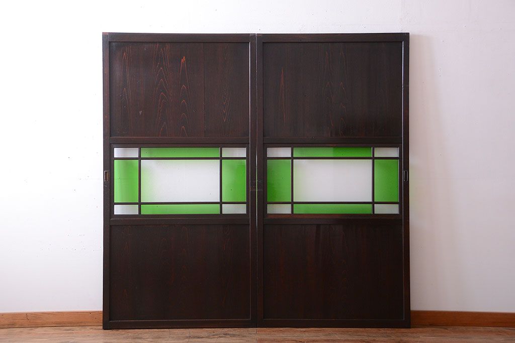 和製アンティーク　モダンな色ガラス入り帯戸2枚セット(2)(ガラス帯戸)