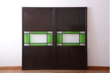 和製アンティーク　モダンな色ガラス入り帯戸2枚セット(2)(ガラス帯戸)