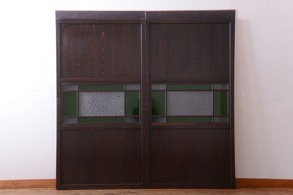 和製アンティーク　モダンな色ガラス入り帯戸2枚セット(2)(ガラス帯戸)