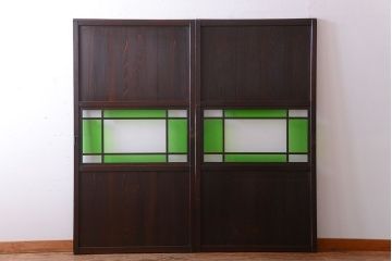 和製アンティーク　モダンな色ガラス入り帯戸2枚セット(2)(ガラス帯戸)