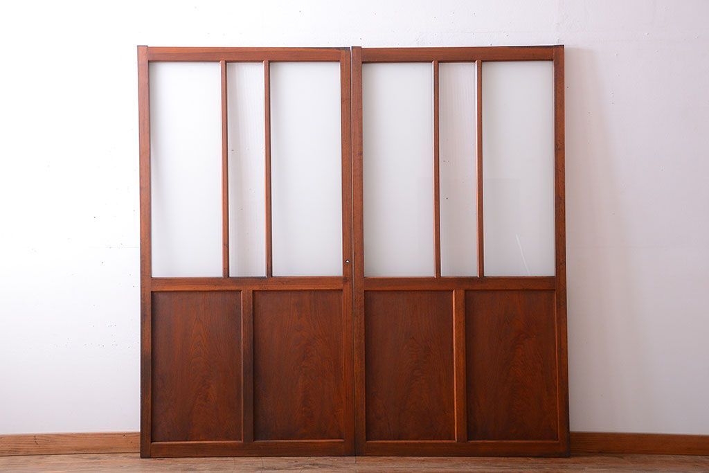 昭和レトロ　モールガラス、すりガラス入り!古い木のガラス引き戸2枚セット