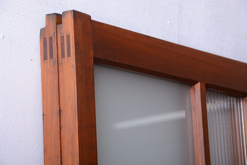 昭和レトロ　モールガラス、すりガラス入り!古い木のガラス引き戸2枚セット