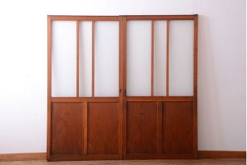 昭和レトロ　モールガラス、すりガラス入り!古い木のガラス引き戸2枚セット