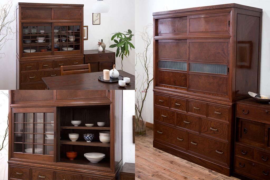 アンティーク家具　古民具・骨董　最高級品!三方欅無垢材の二段重ね収納棚