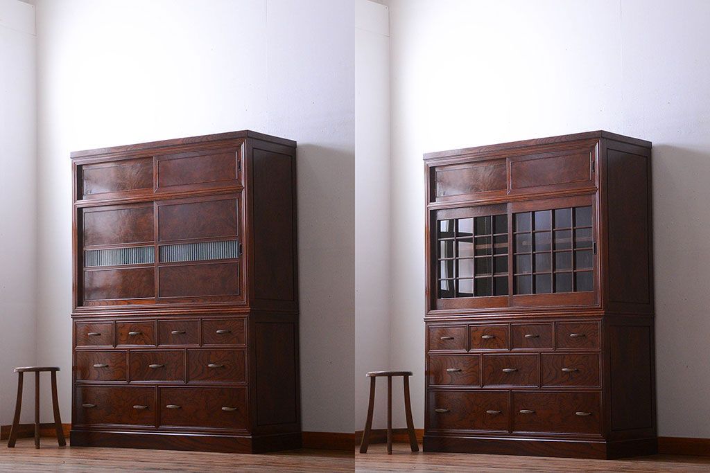 アンティーク家具　古民具・骨董　最高級品!三方欅無垢材の二段重ね収納棚