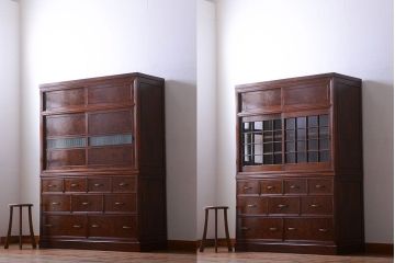 アンティーク家具　古民具・骨董　最高級品!三方欅無垢材の二段重ね収納棚