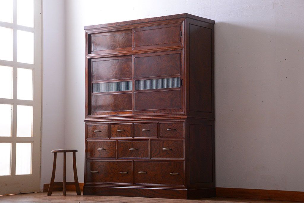 アンティーク家具　古民具・骨董　最高級品!三方欅無垢材の二段重ね収納棚