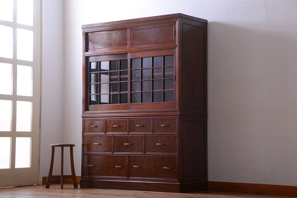 アンティーク家具　古民具・骨董　最高級品!三方欅無垢材の二段重ね収納棚