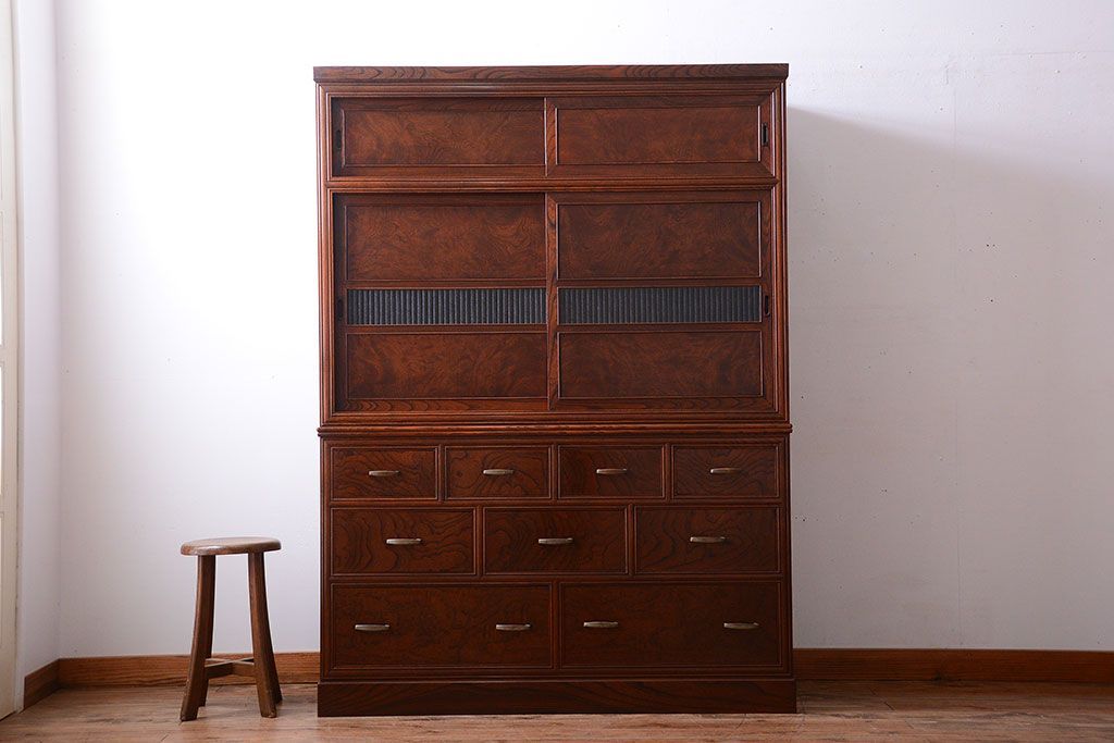 アンティーク家具　古民具・骨董　最高級品!三方欅無垢材の二段重ね収納棚