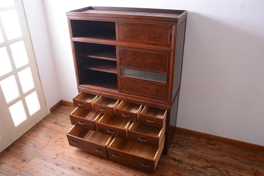 アンティーク家具　古民具・骨董　最高級品!三方欅無垢材の二段重ね収納棚