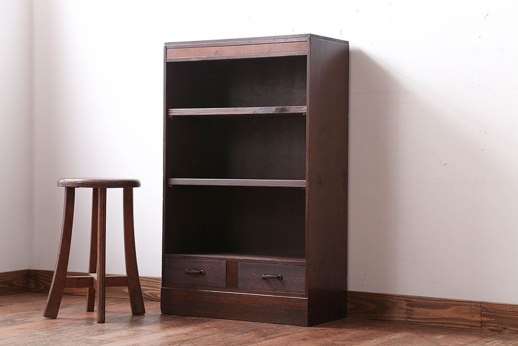レトロ家具　昭和レトロ　引き出し2杯付き!古い木製のアンティークブックシェルフ(本棚)