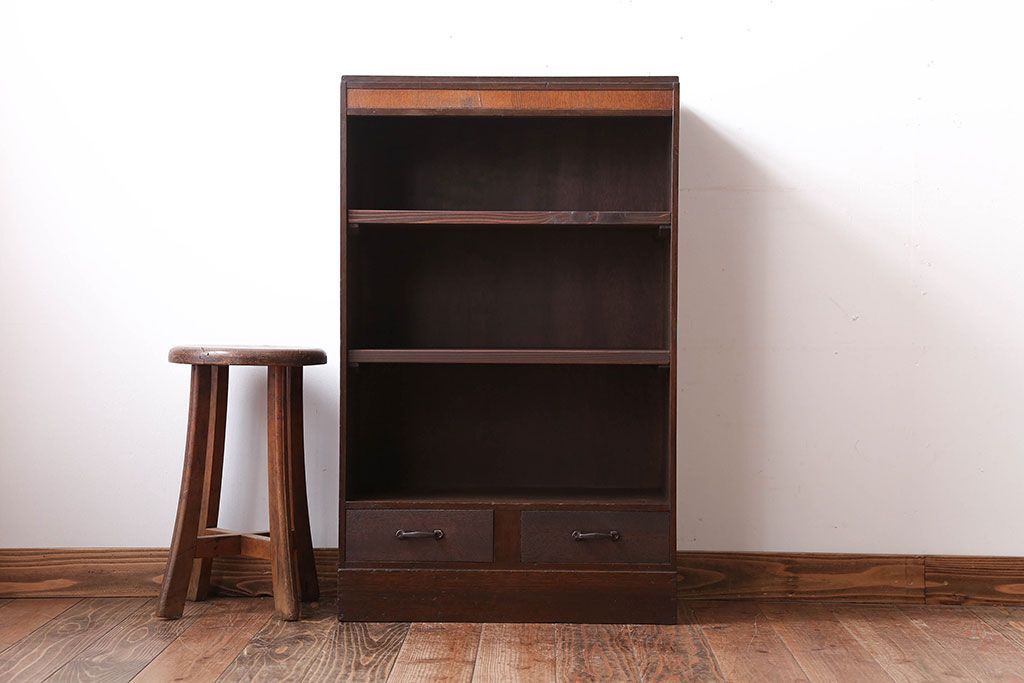 レトロ家具　昭和レトロ　引き出し2杯付き!古い木製のアンティークブックシェルフ(本棚)